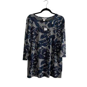 Christopher & Banks Women XL Blue/Gray/White Keyhole Cutout 3/4 Sleeve Top NWT